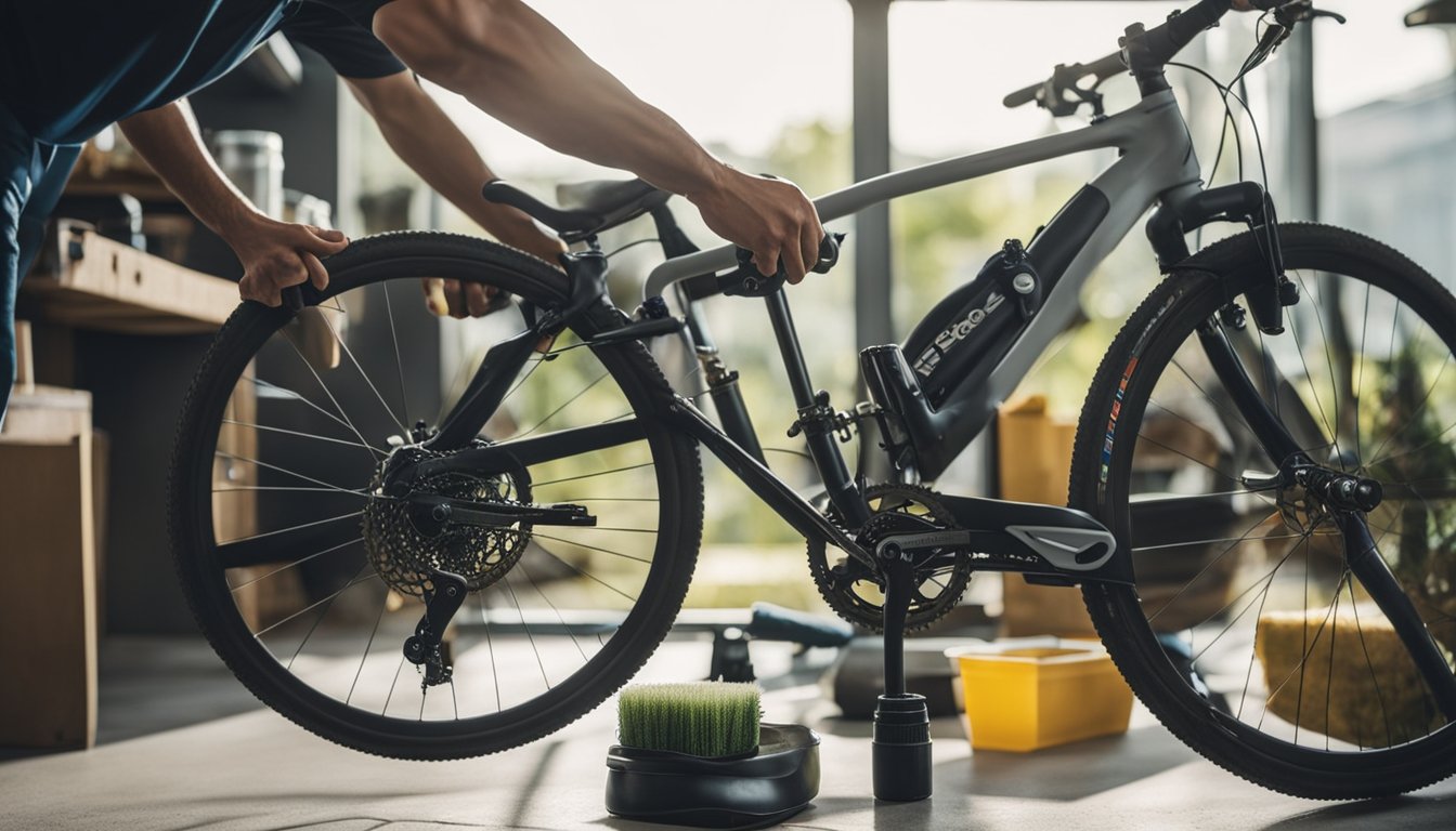 A person cleaning and maintaining a bicycle with eco-friendly products in a well-lit garage