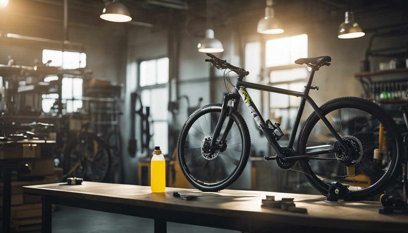 A bicycle parked in a well-lit workshop, surrounded by tools and eco-friendly cleaning products. A mechanic is adjusting the gears and inspecting the brakes