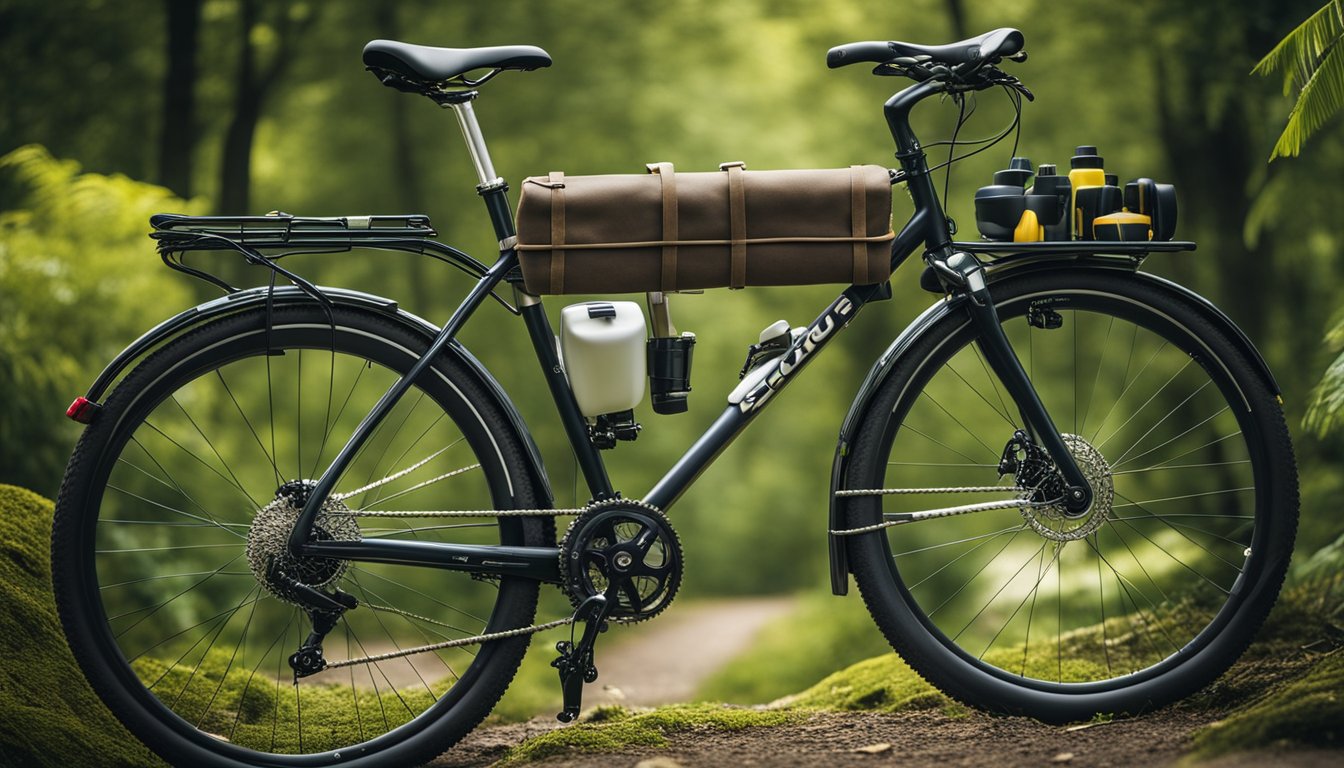 A bicycle surrounded by eco-friendly maintenance tools and products, with a backdrop of nature and sustainable materials