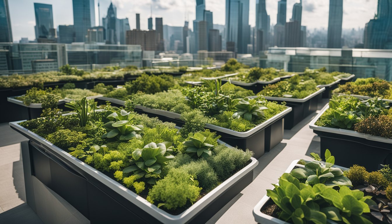 A city skyline with green rooftops, solar panels, wind turbines, and lush vertical gardens integrated into the architecture