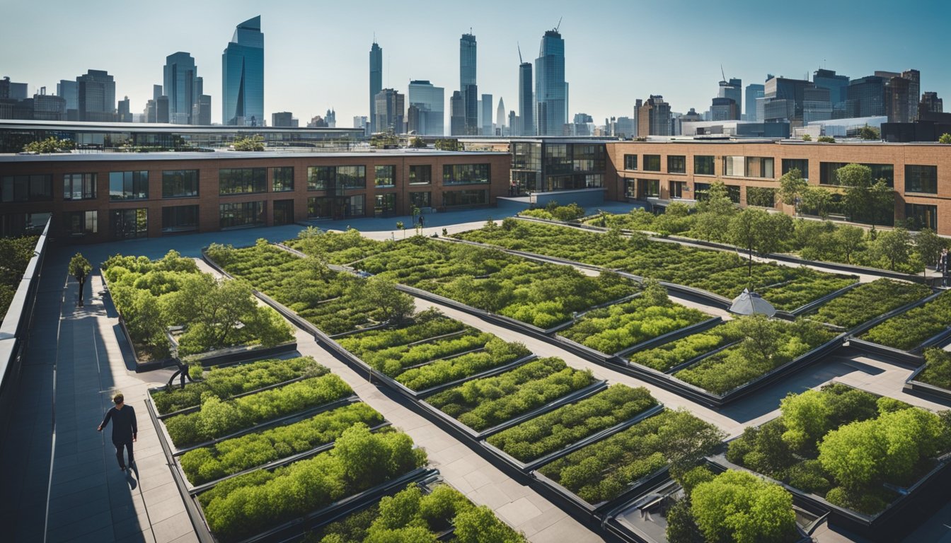 A bustling city skyline with green rooftop gardens, solar panels, and wind turbines. Pedestrians walk on tree-lined streets