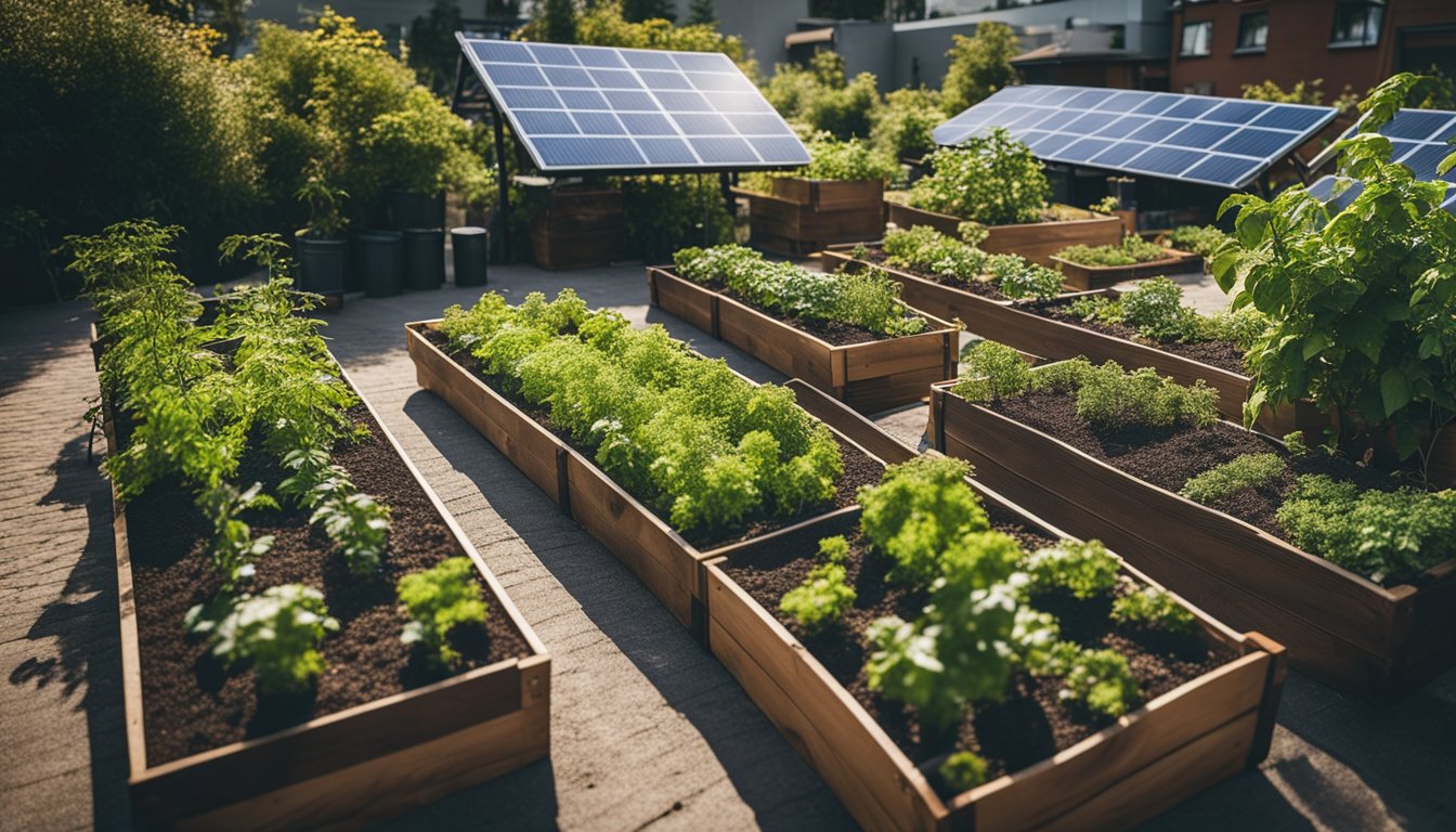 A bustling urban garden filled with raised beds, compost bins, and rain barrels. Lush greenery thrives alongside solar panels and a recycling station