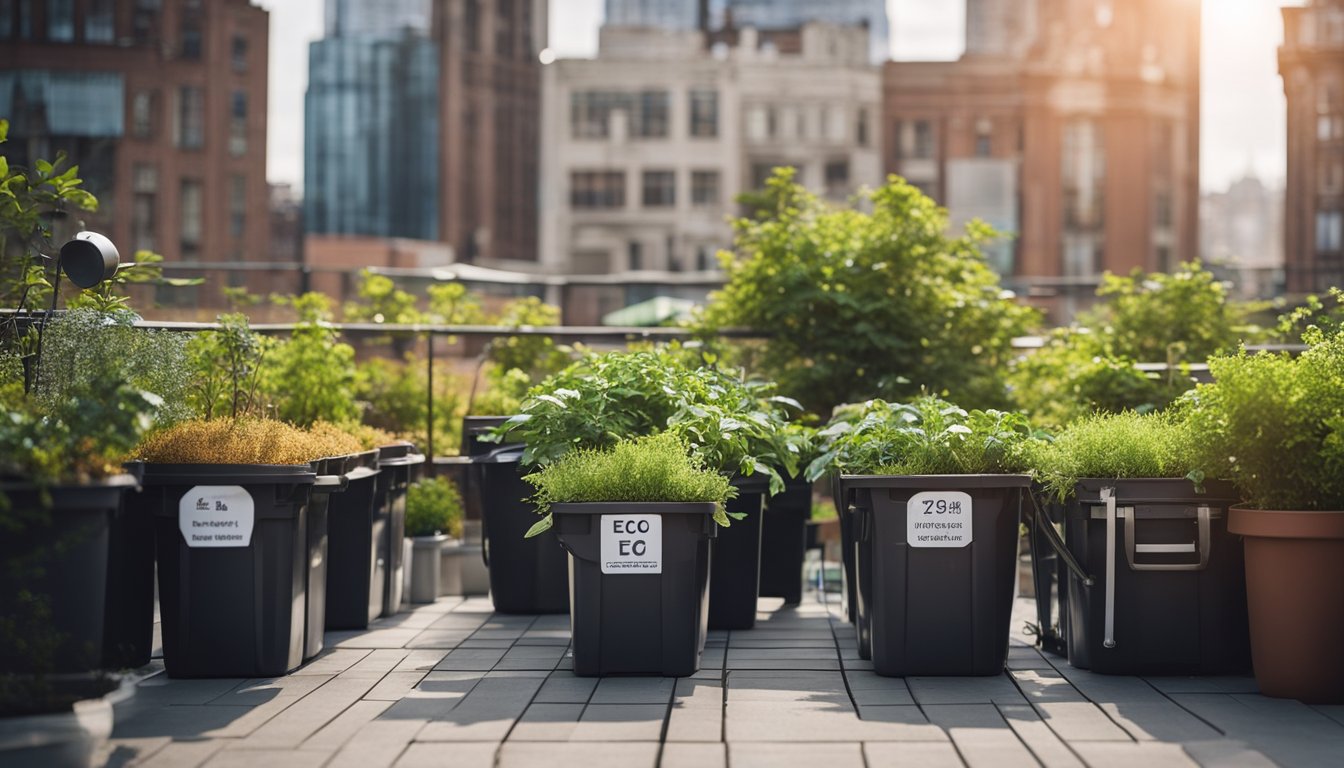 A city rooftop garden with potted plants, compost bin, and rainwater collection barrels. A sign with eco-friendly gardening tips