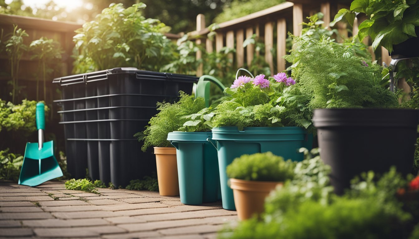 A lush garden with a variety of plants and flowers, a compost bin placed strategically in a corner, surrounded by gardening tools and bags of soil