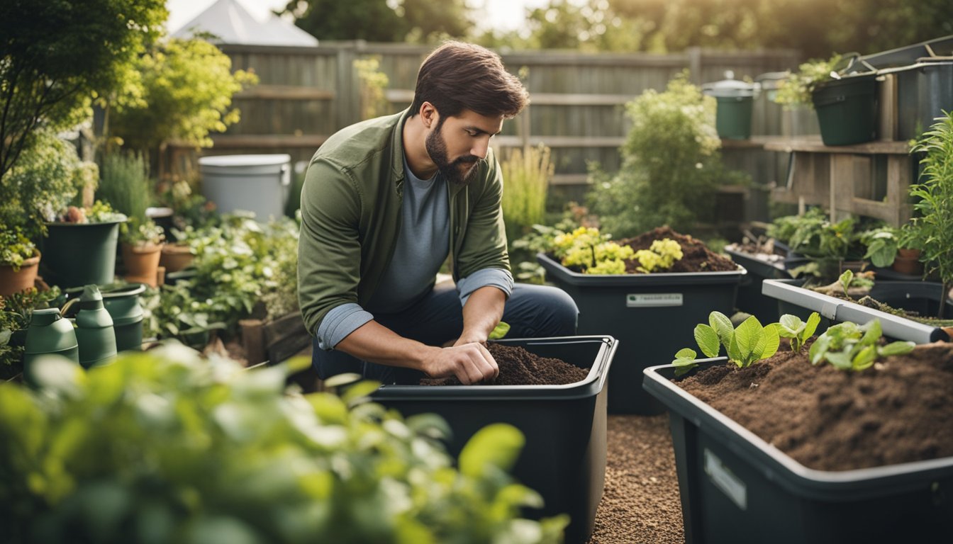 A person comparing different compost bins in a garden setting, surrounded by various types of plants and gardening tools