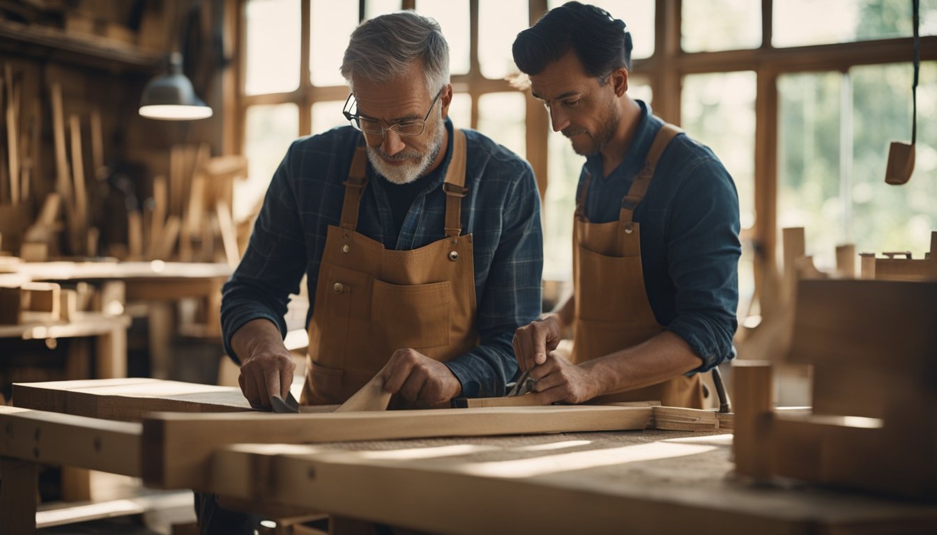 A carpenter using sustainable materials to repair a wooden chair, surrounded by eco-friendly tools and equipment in a sunlit workshop