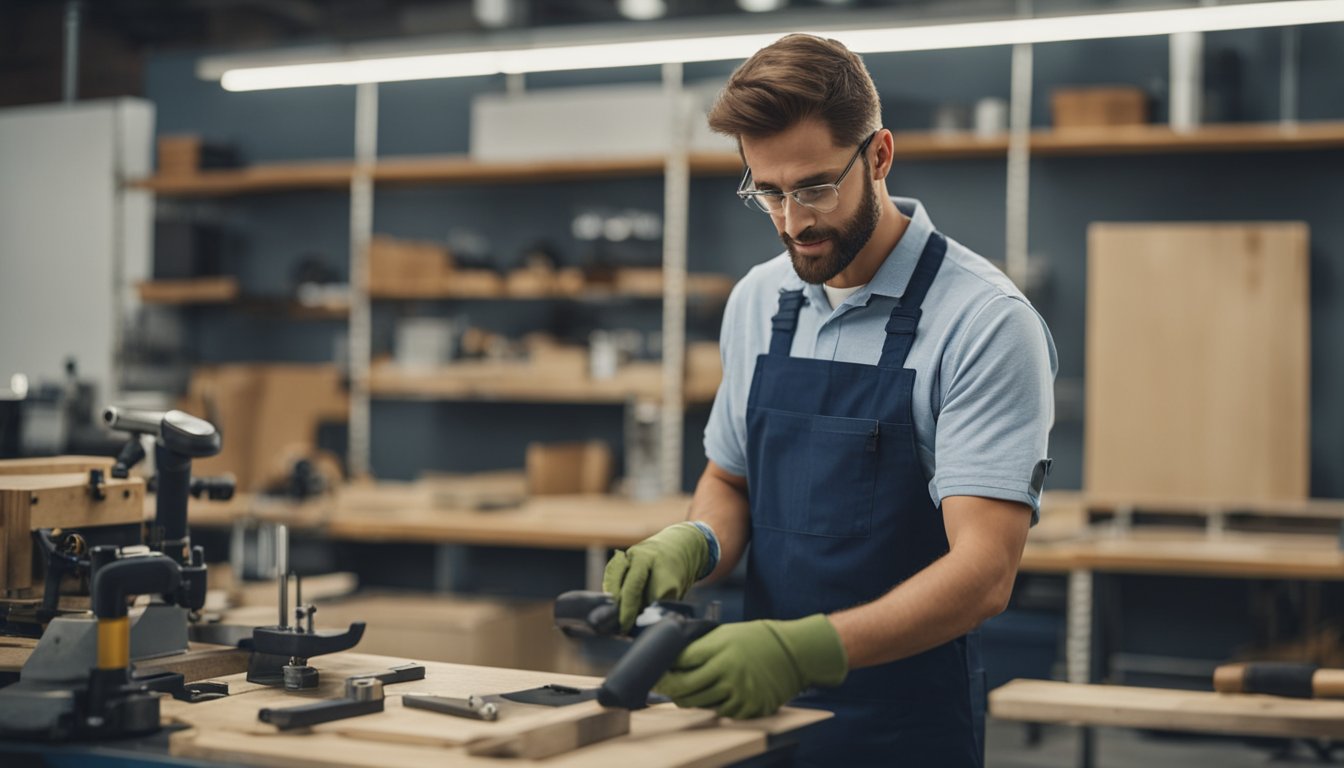 An eco-friendly workshop with repair tools and materials for furniture. A technician demonstrates techniques while answering questions from customers