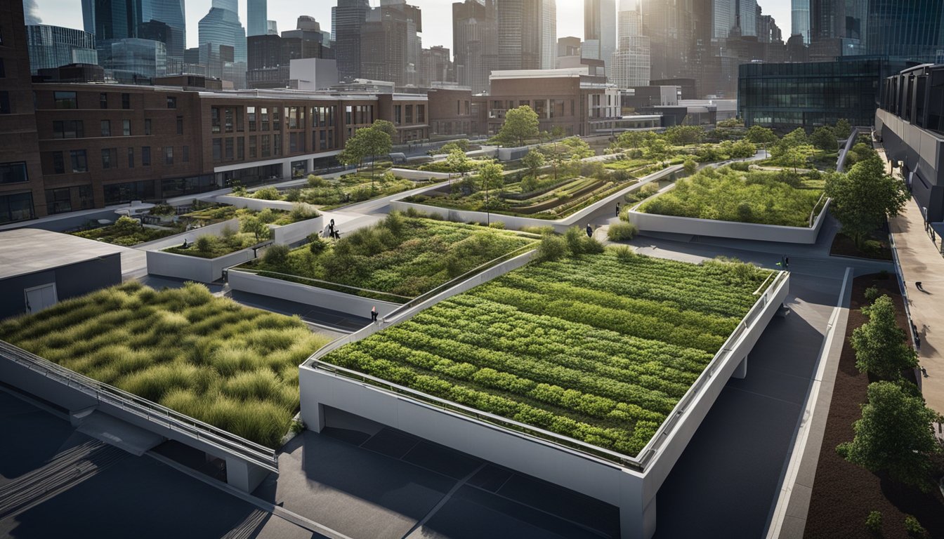 A bustling city skyline with green infrastructure, rain gardens, and permeable pavement managing stormwater runoff. Rooftop gardens and water recycling systems integrated into urban architecture