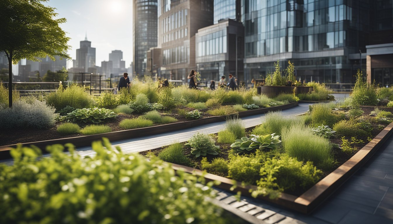 A bustling city skyline with green infrastructure such as rain gardens, permeable pavement, and green roofs integrated into the urban landscape