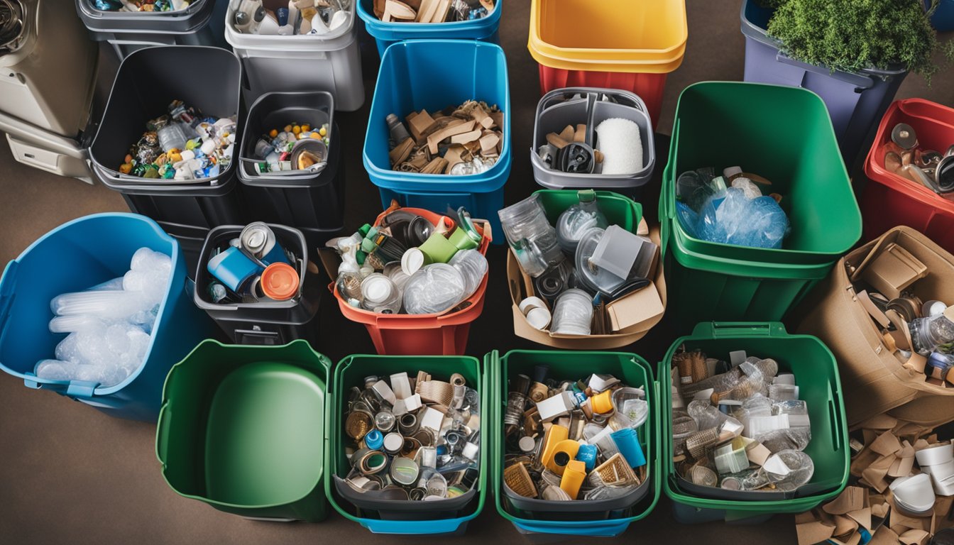 A colorful array of household items being sorted into different recycling bins, with creative DIY projects made from repurposed materials in the background