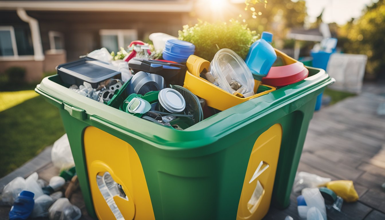 A colorful recycling bin surrounded by various household items being repurposed into creative and practical solutions