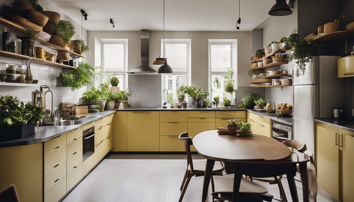 A small kitchen with clever storage solutions, such as hanging baskets, multi-functional furniture, and repurposed containers for sustainable living