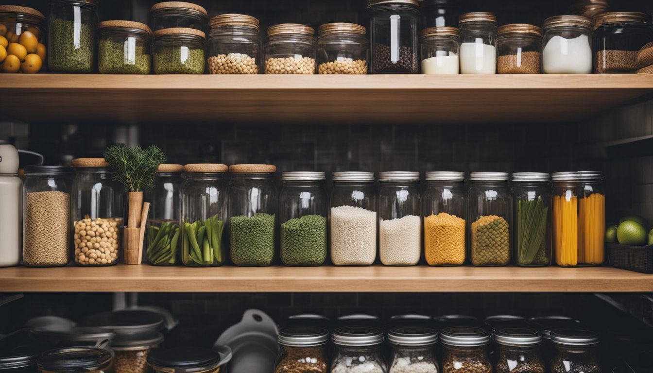 A small kitchen with organized shelves and bins for sustainable storage. A mix of jars, baskets, and containers neatly arranged