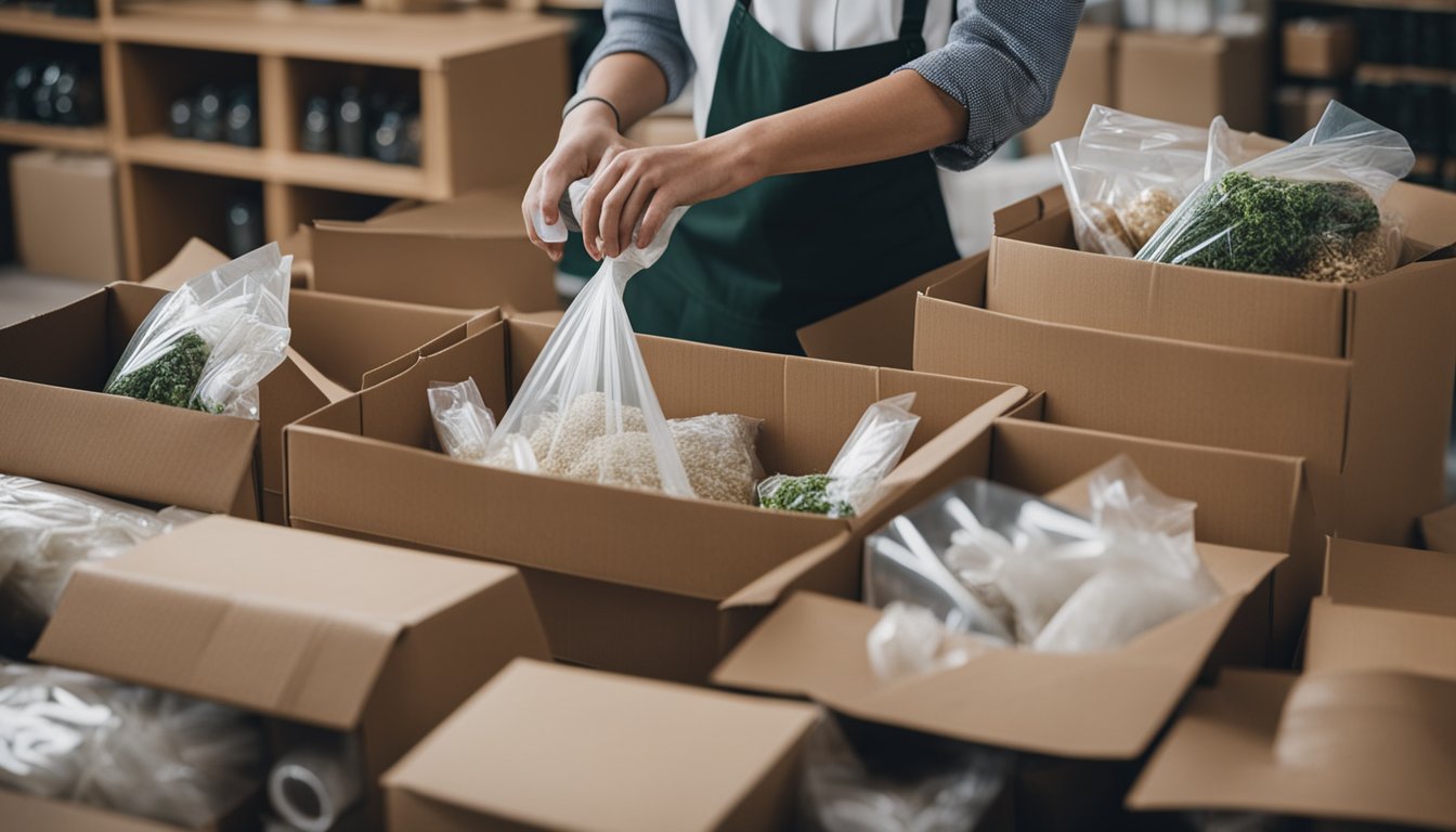 A small business owner packing products in biodegradable and recyclable materials, surrounded by eco-friendly packaging supplies