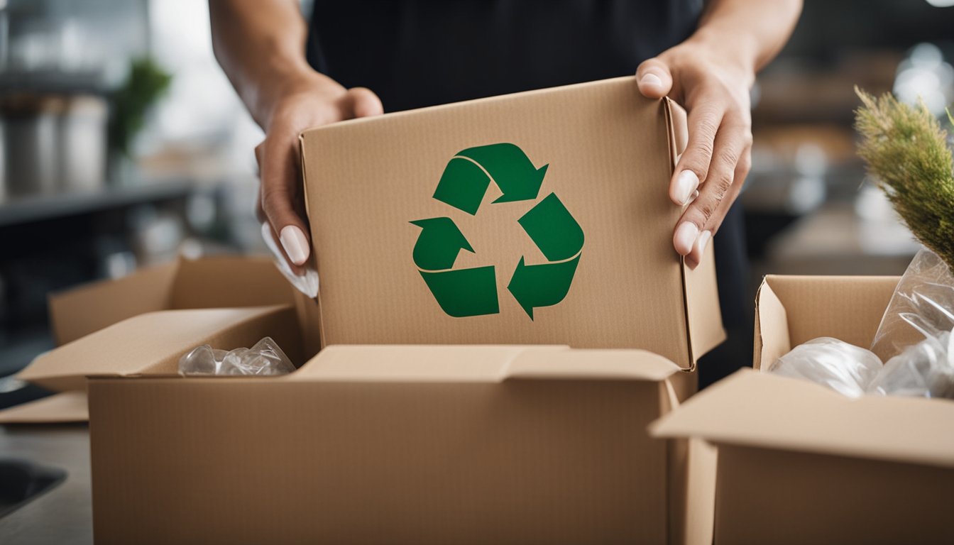 A small business owner packing products in biodegradable materials with recycling symbols and natural elements in the background