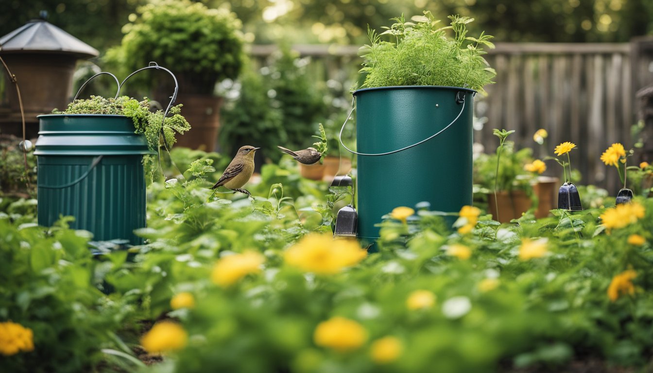 A garden scene with metal cans repurposed as planters, bird feeders, and wind chimes. A compost bin and recycling bin nearby