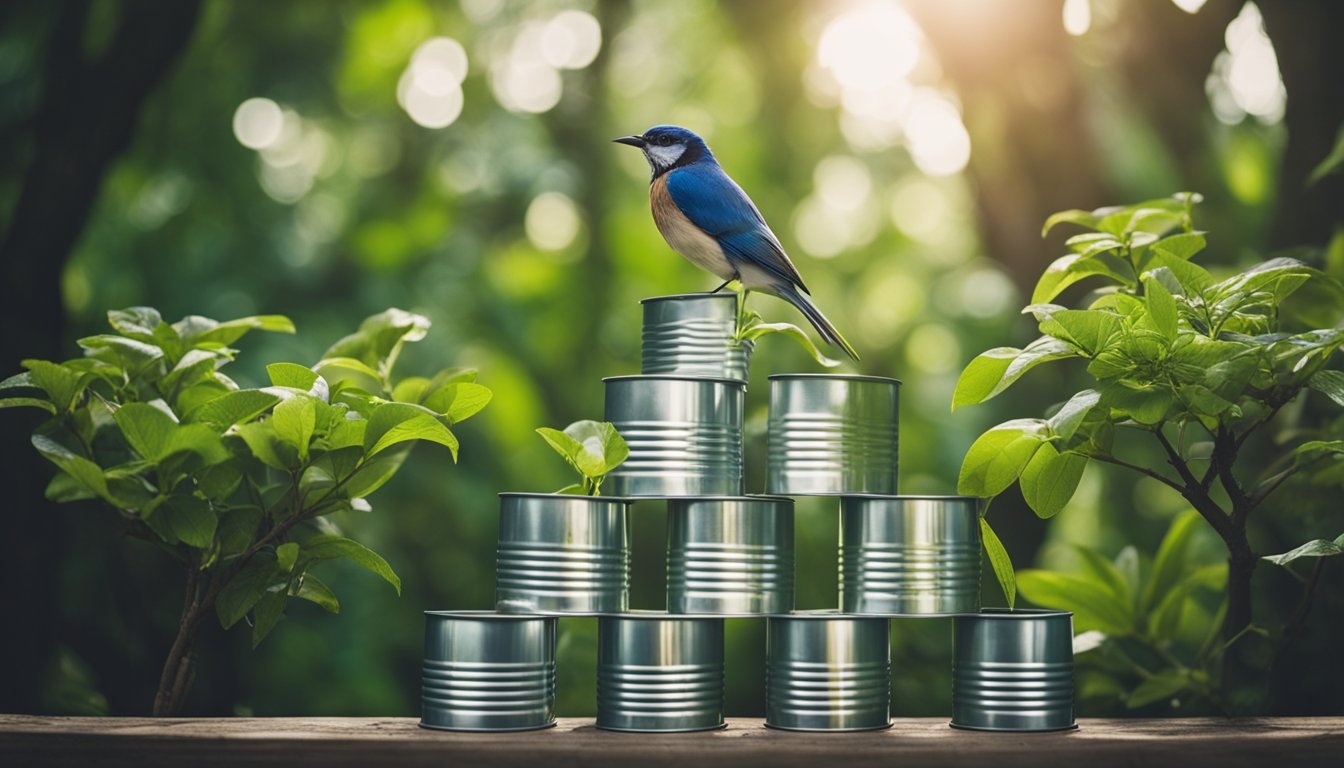 Empty metal cans arranged in a pyramid, with plants growing out of them. A bird feeder hangs from a tree, made from a repurposed can