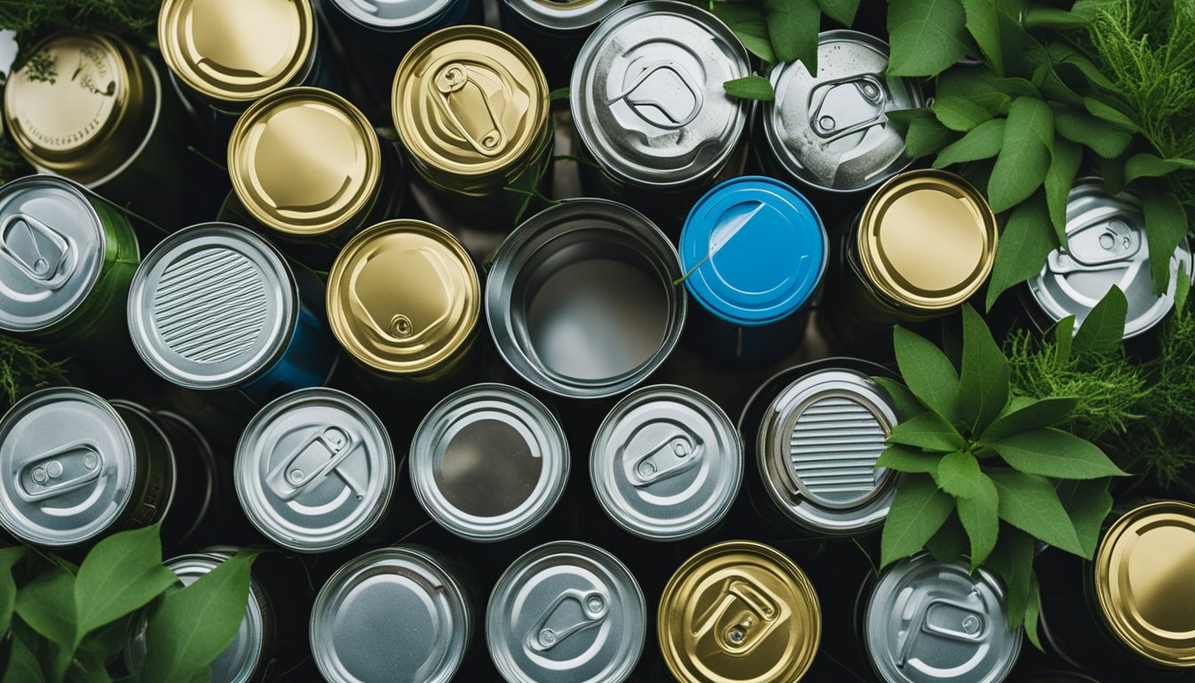 A collection of various metal cans arranged in a neat and organized manner, with visible signs of wear and tear, surrounded by green plants and other eco-friendly materials