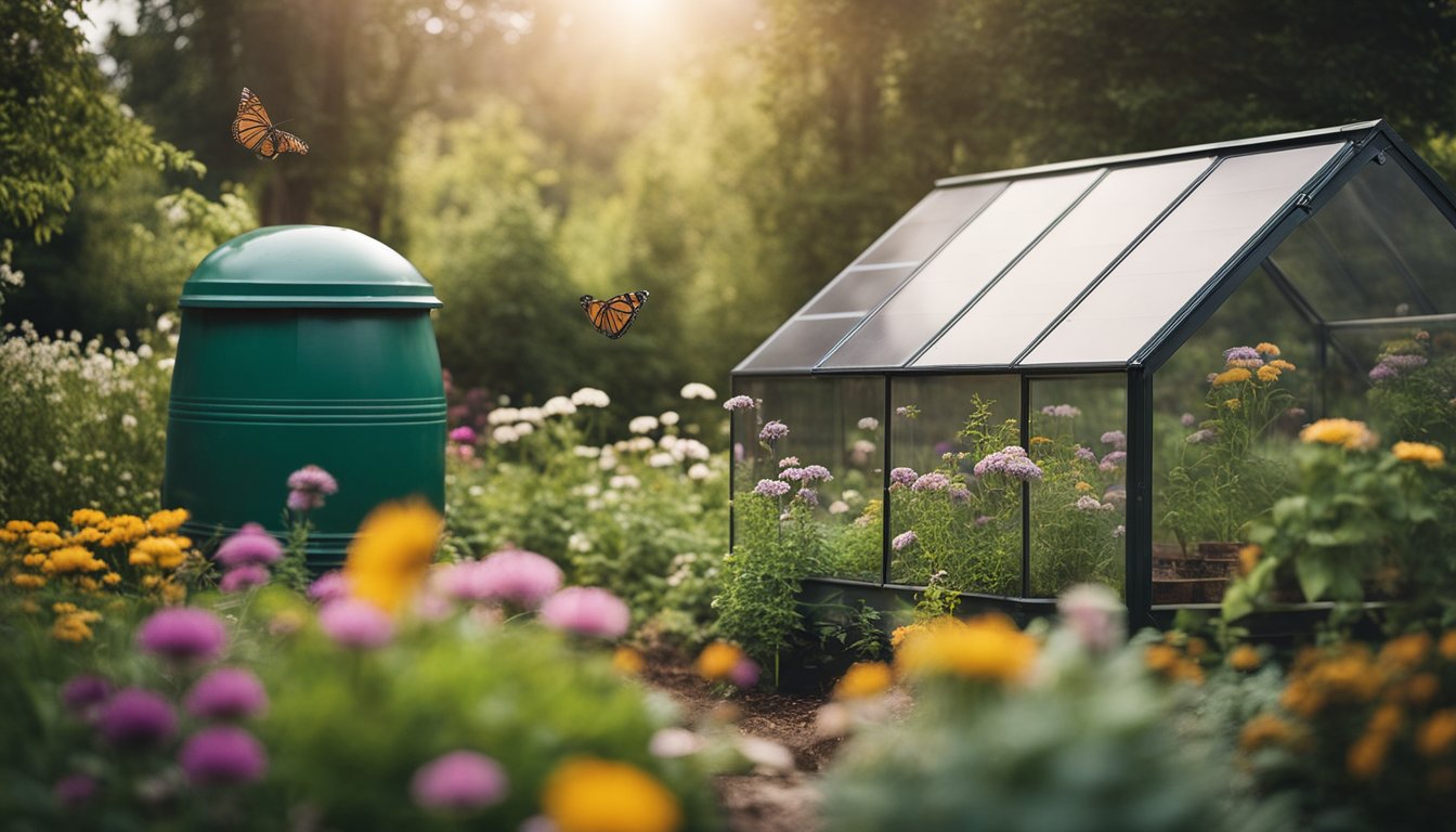 A garden with compost bins, rain barrels, and native plants. Bees and butterflies visit blooming flowers. Solar panels power a small greenhouse