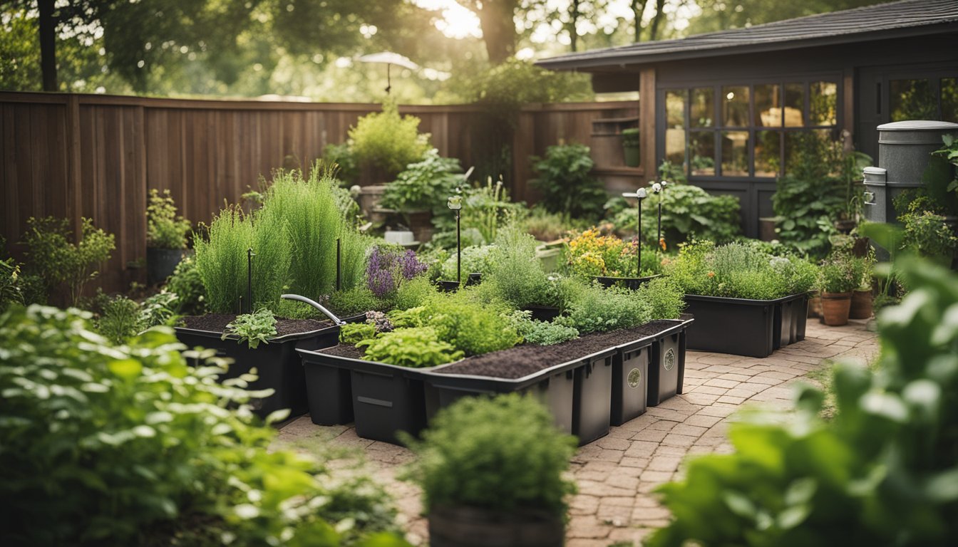 A lush garden with diverse native plants, compost bins, rain barrels, and recycled materials like wood and metal for eco-friendly sustainable gardening