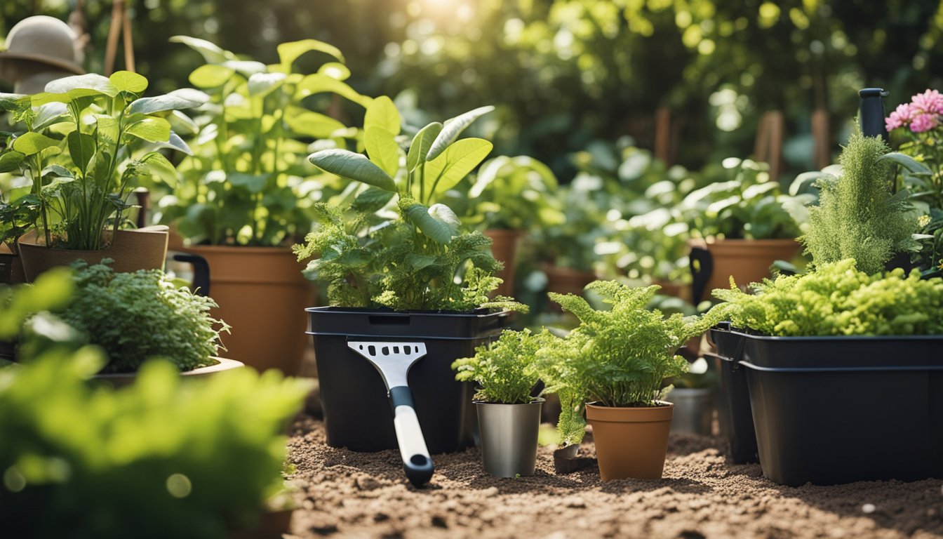 A lush garden with thriving plants and compost bins, surrounded by eco-friendly gardening tools and solar-powered lights