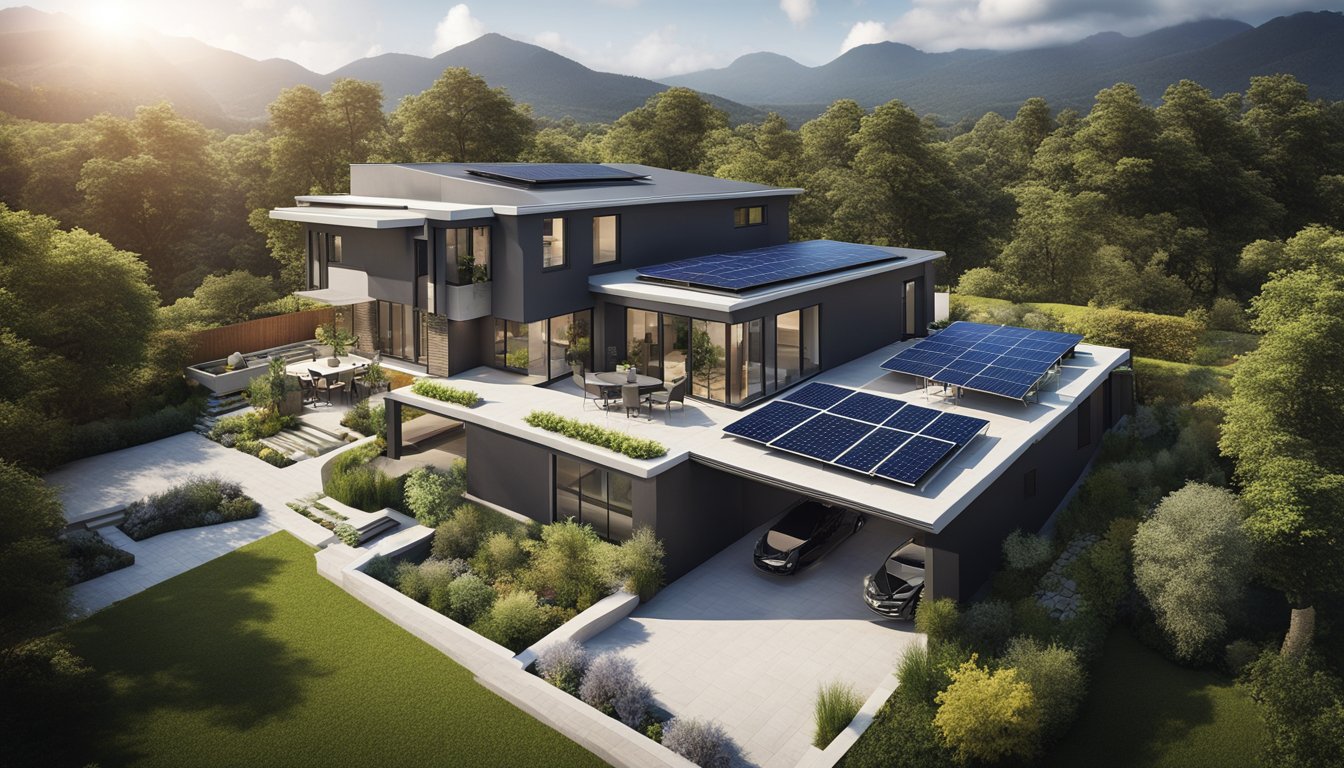 A modern home with solar panels, energy-efficient appliances, and a lush garden with a rainwater collection system