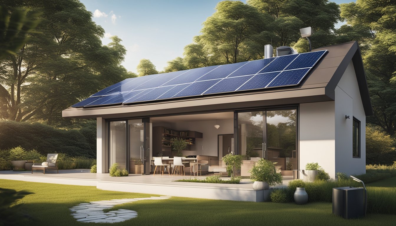 A modern home with solar panels, wind turbines, and energy-efficient appliances. Lush greenery surrounds the house, and a recycling bin is prominently displayed