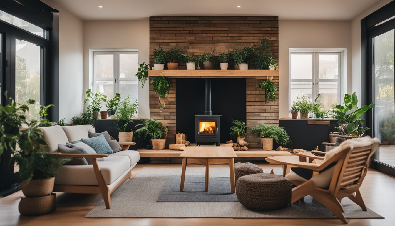 A cozy living room with a wood-burning stove surrounded by potted plants, a stack of firewood, and eco-friendly heating options like a solar panel or heat pump