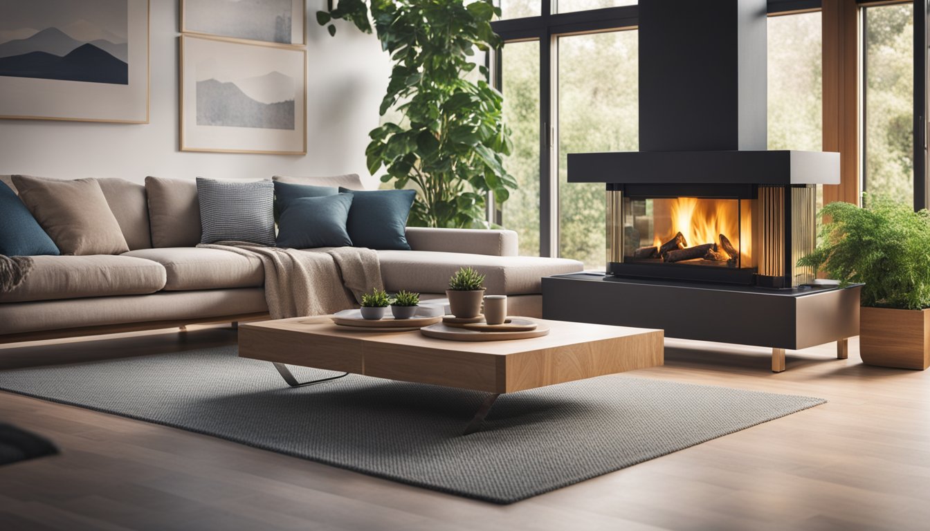 A cozy living room with a modern fireplace, surrounded by potted plants and sustainable heating sources like solar panels or geothermal systems