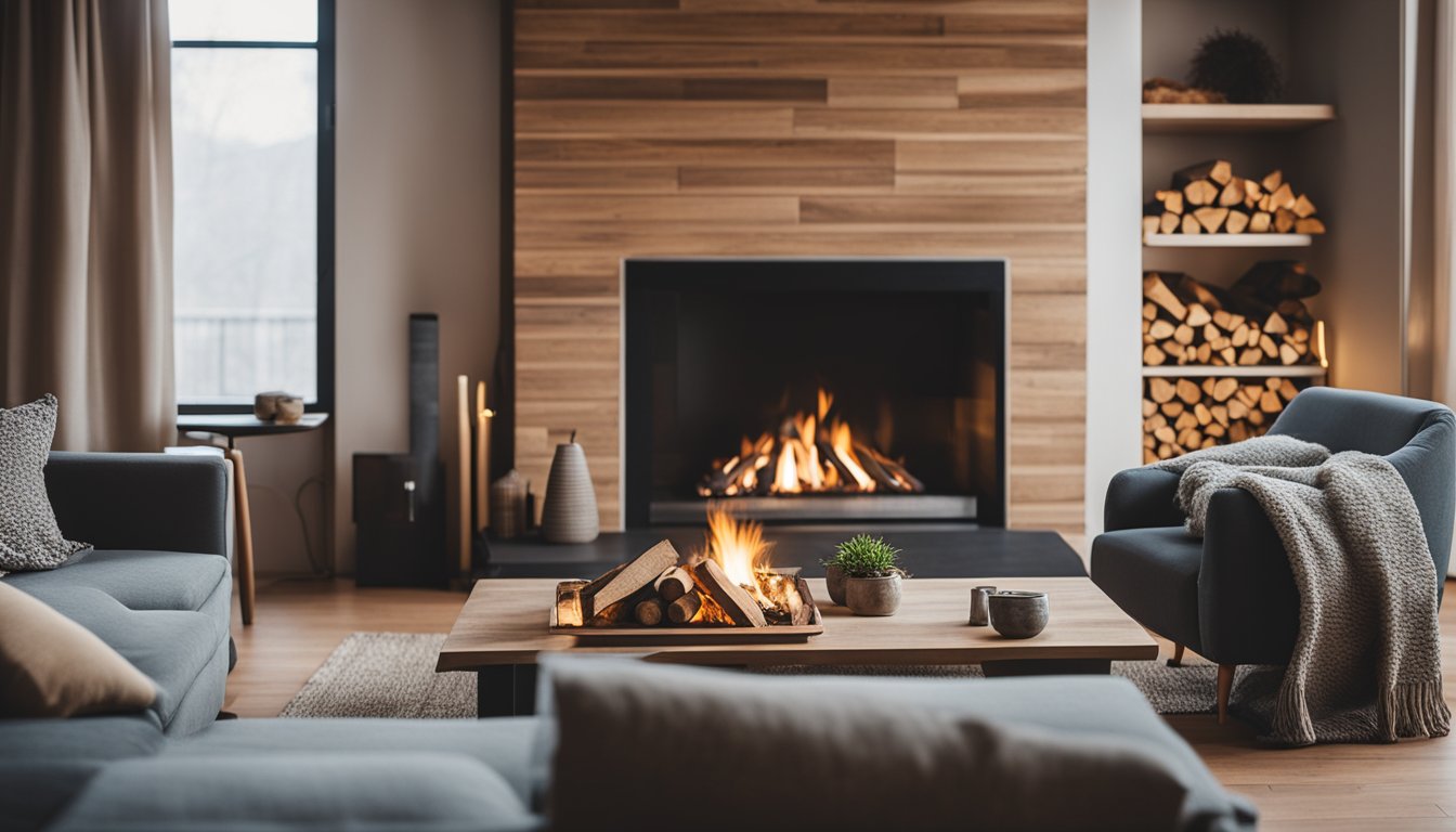 A cozy living room with a fireplace and woodpile, surrounded by eco-friendly heating appliances and sustainable home decor