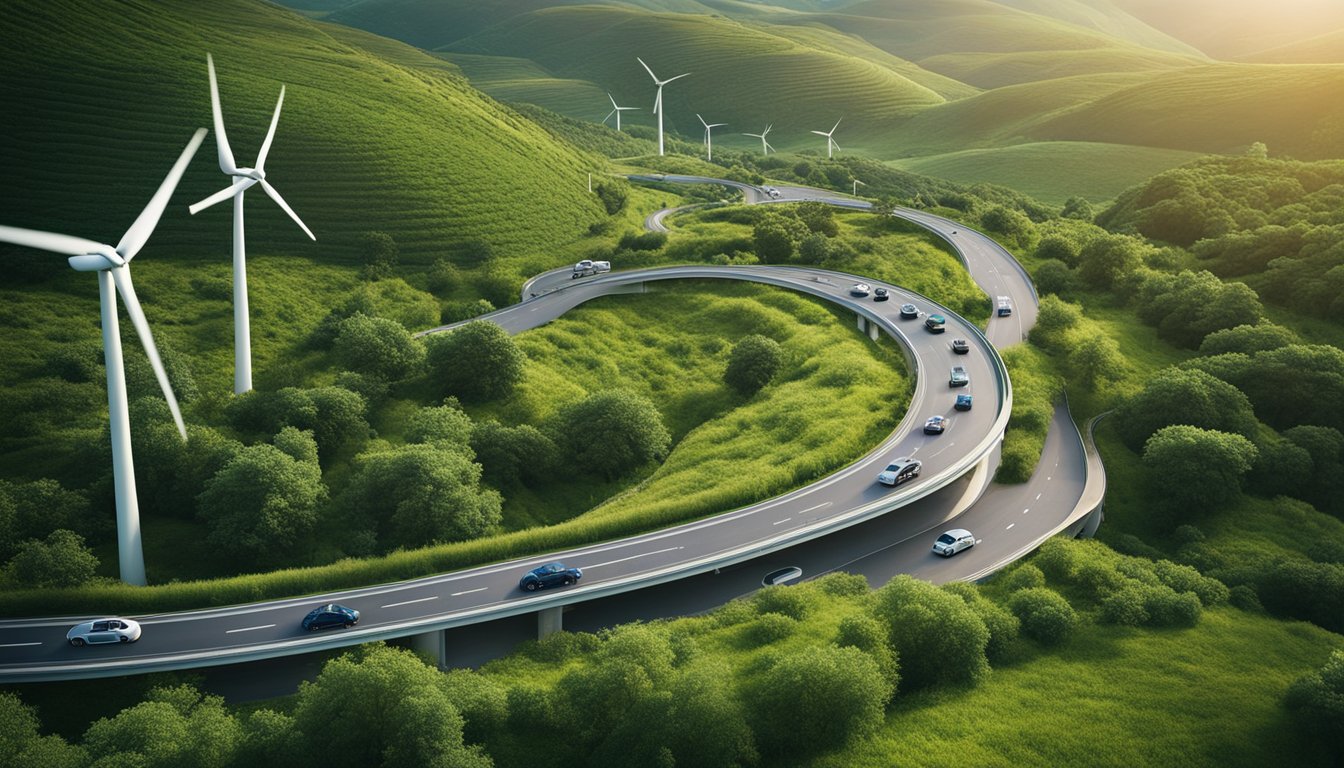 A winding road surrounded by lush greenery, with electric cars and bicycles traveling alongside traditional vehicles. Wind turbines and solar panels dot the landscape