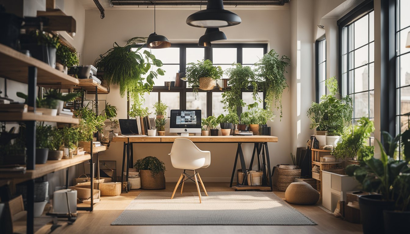 A clutter-free home office with natural light, potted plants, and recycled materials. Energy-efficient lighting and eco-friendly furniture complete the sustainable design
