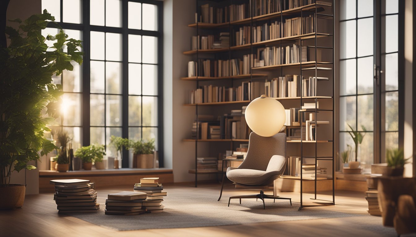 A cozy, sunlit room with large windows, filled with shelves of books made from recycled materials. A reading nook with a low-energy lamp and a comfortable chair made from sustainable materials
