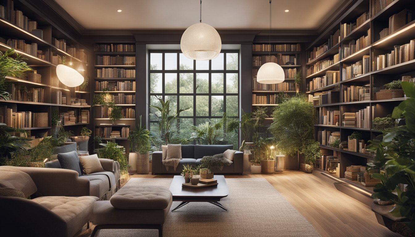 A cozy home library with sustainable materials, energy-efficient lighting, and a recycling station. Plants and natural elements add a touch of greenery