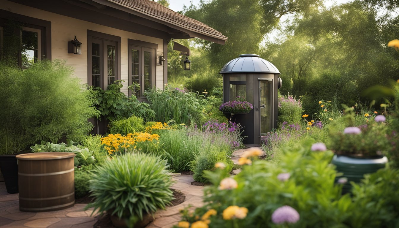 A lush garden with rain barrels, drip irrigation, and native plants. A house with water-efficient fixtures and a rainwater harvesting system
