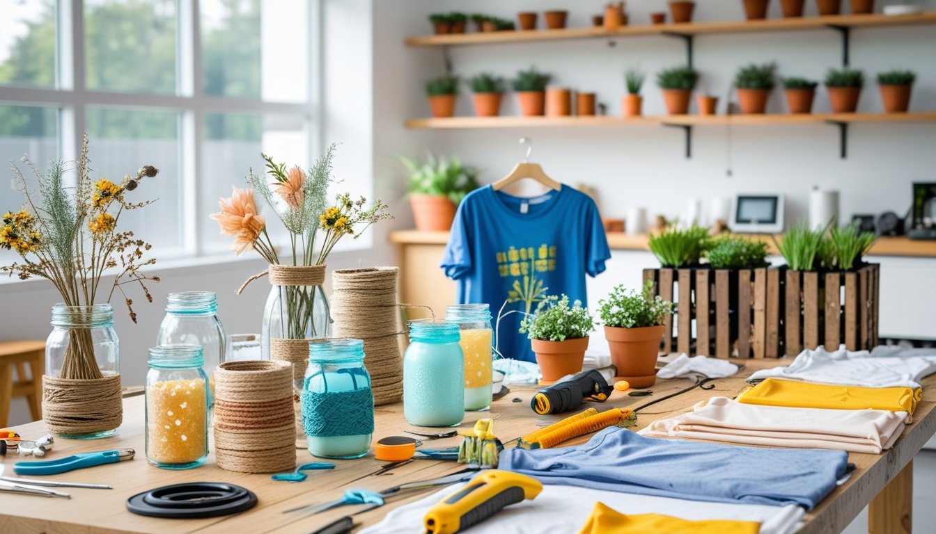 A bright workspace with everyday items like jars, t-shirts, and wooden pallets being creatively transformed using tools and materials on a wooden table.