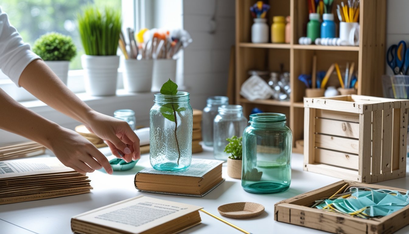 Hands upcycling everyday household items into decorative and functional objects in a bright, organised craft workspace.