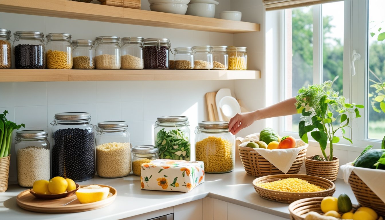 A kitchen countertop with reusable glass jars, beeswax wraps on fresh produce, and bamboo containers, showing sustainable food storage methods at home.