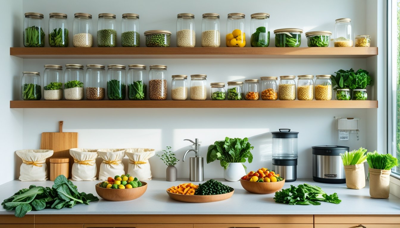 A kitchen countertop and shelves with reusable glass jars, beeswax wraps, cloth produce bags, and eco-friendly containers storing fresh food.