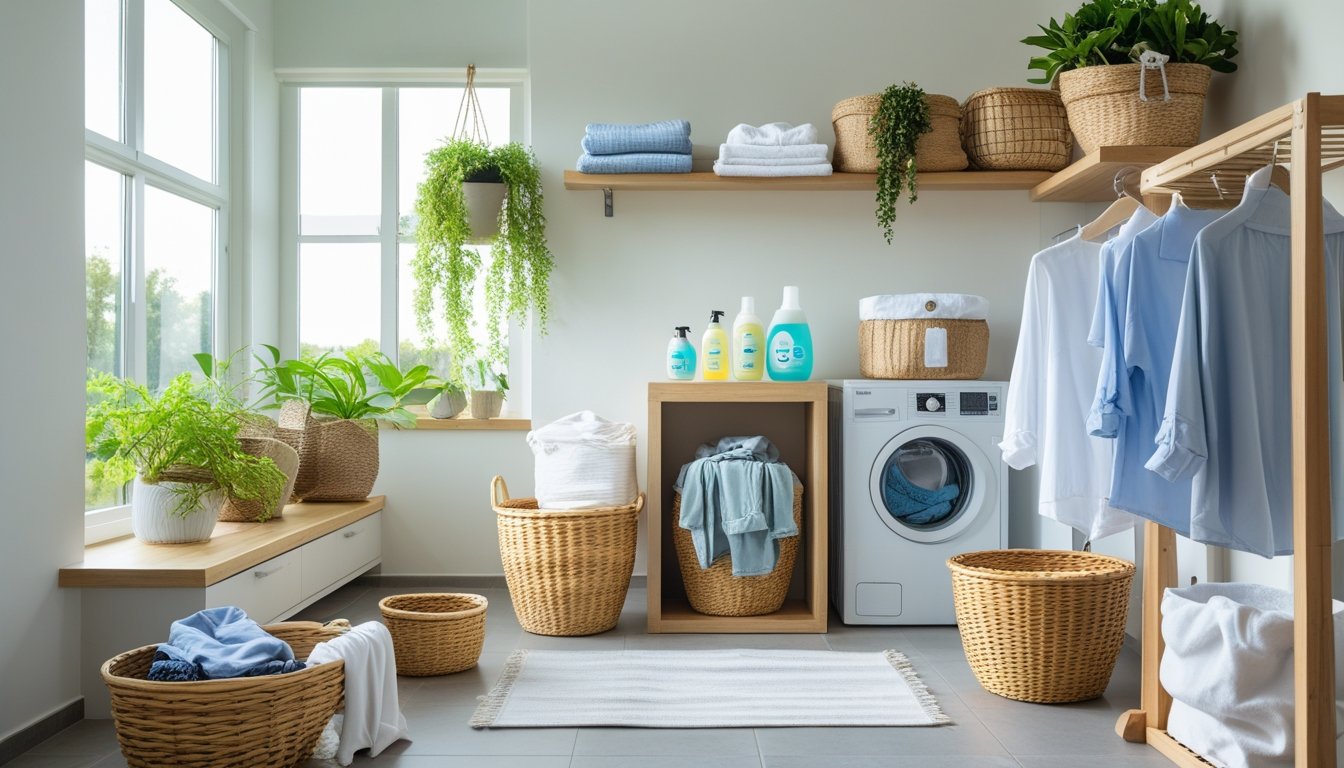 A person sorting clothes into natural fibre baskets in a bright laundry room with plants and eco-friendly laundry products.