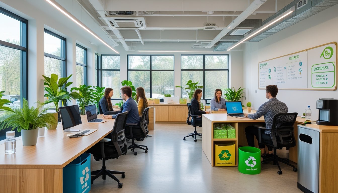 A bright shared office space with plants, recycling bins, reusable water bottles, and people working at desks with natural light coming through large windows.