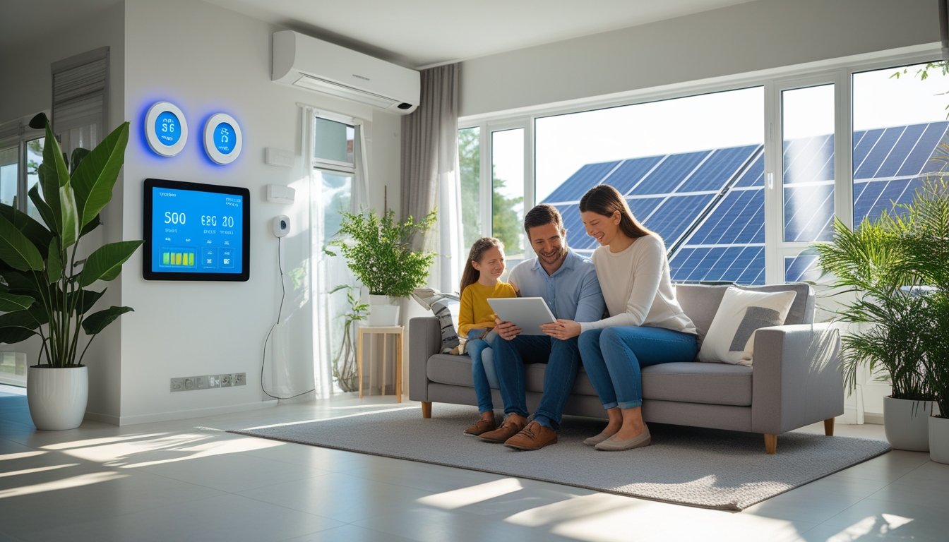 A family in a bright living room with large windows and energy-efficient features like smart thermostat and solar panels on the roof.