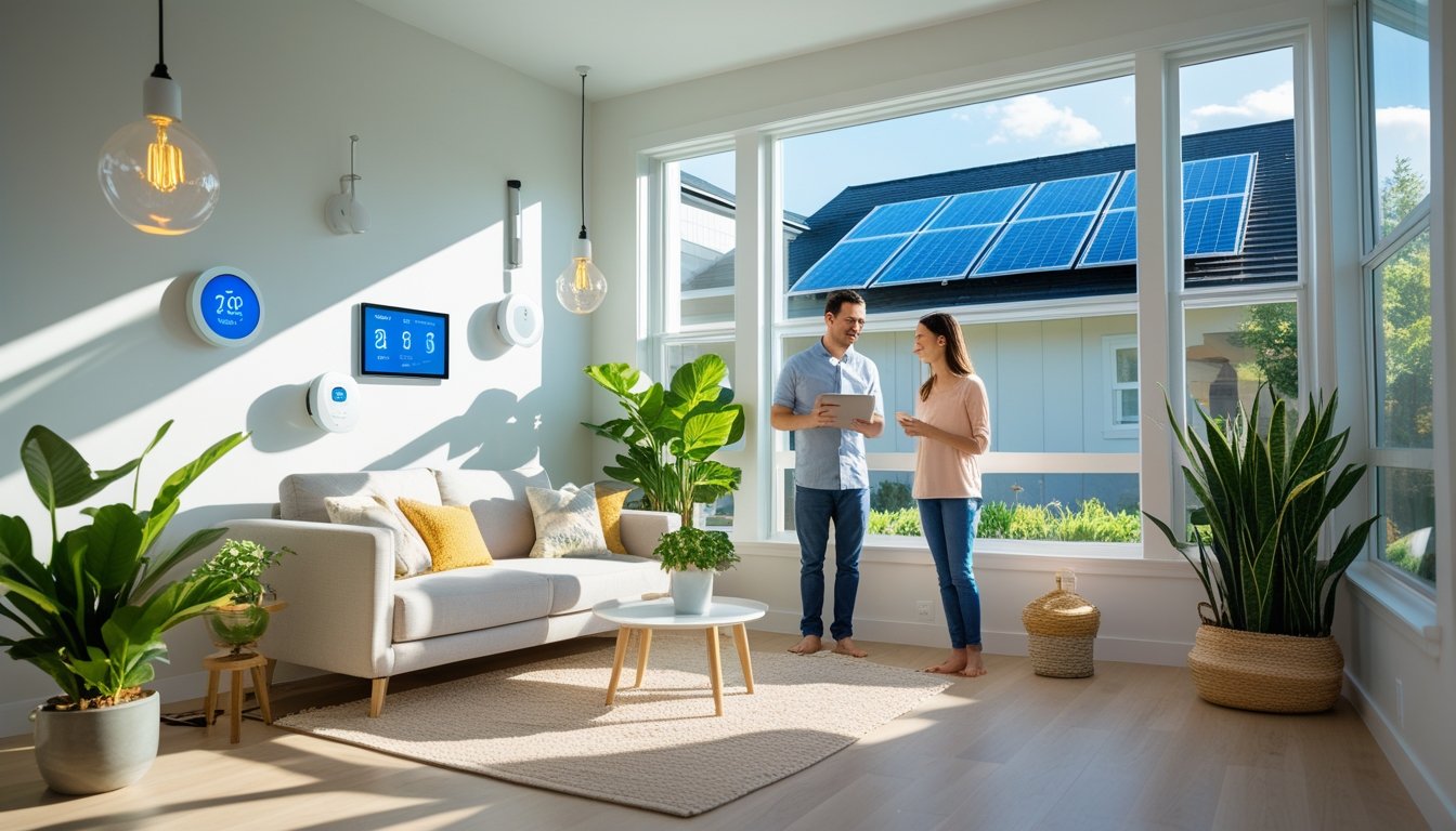 A family in a bright living room with large windows, discussing energy efficiency features like smart thermostats and solar panels on the roof.
