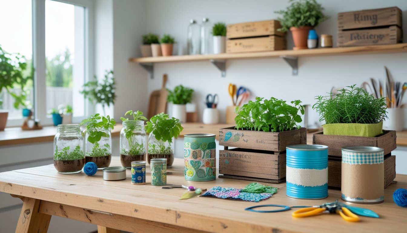 A kitchen table displaying various upcycled household items including glass jars with plants, decorated tin cans, and wooden crates used as shelves, with craft tools nearby and sunlight coming through windows.