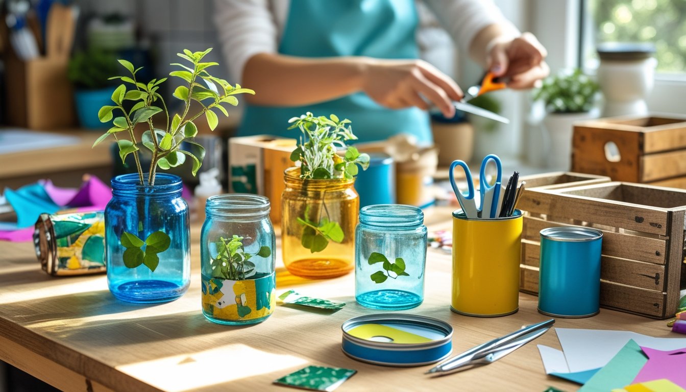 A kitchen table with old household items creatively reused as plant holders, organisers, and storage, with a person crafting nearby.