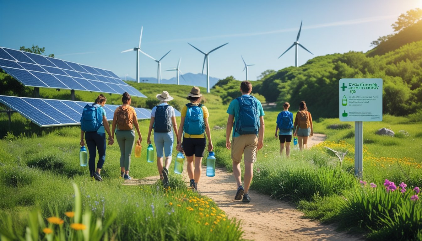 A group of travellers walking on a nature trail surrounded by greenery, using reusable bottles and eco-friendly gear, with solar panels and wind turbines visible in the background.