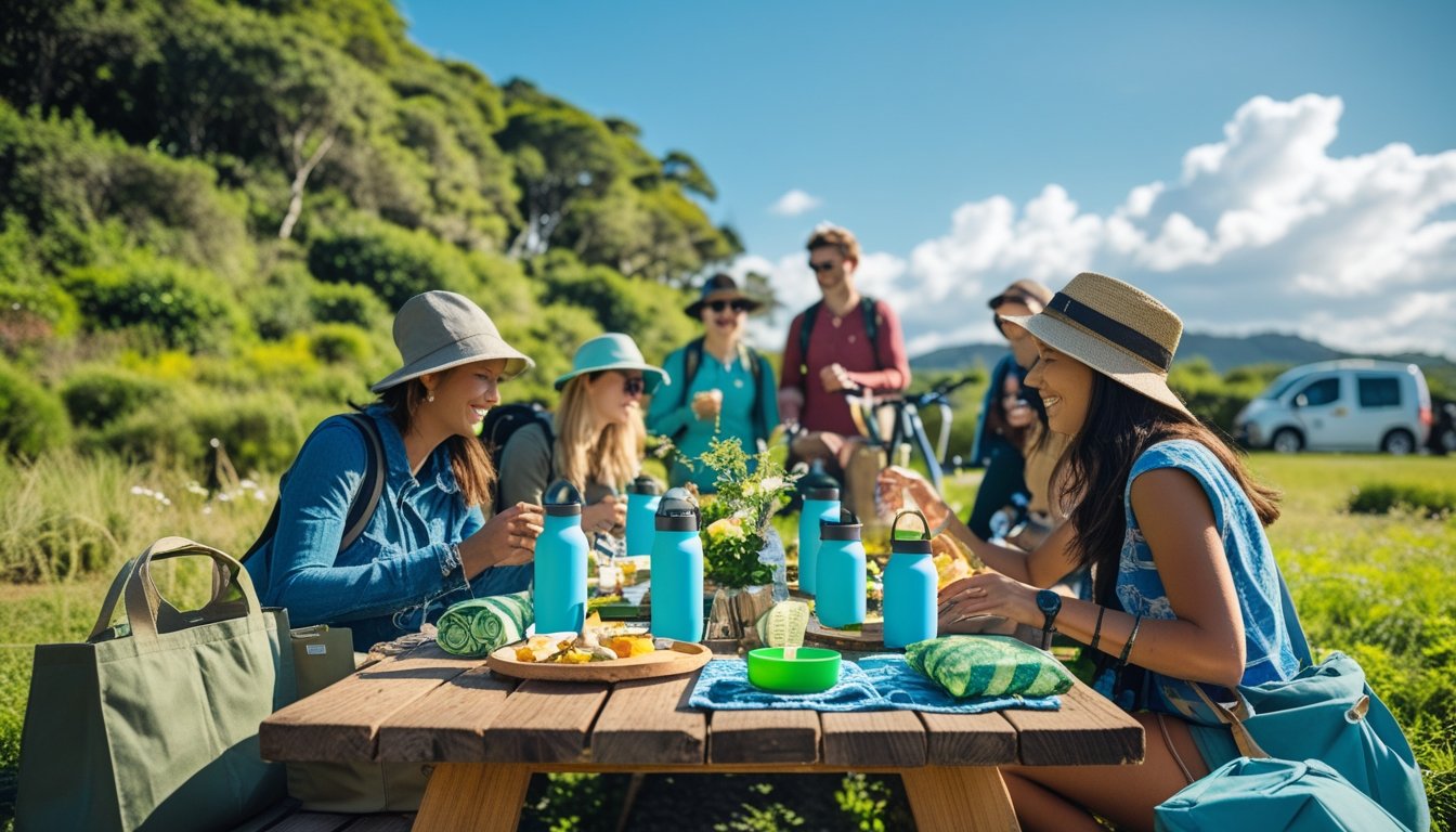 A group of travellers outdoors using reusable bottles and eco-friendly items with bicycles and greenery around them.