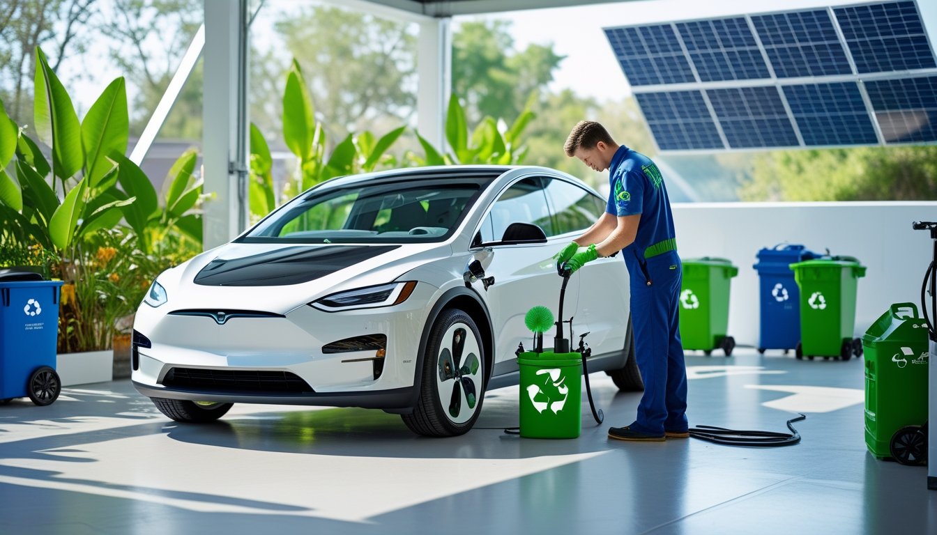 A technician servicing an electric car in a bright garage with green plants and solar panels nearby, using eco-friendly tools and products.