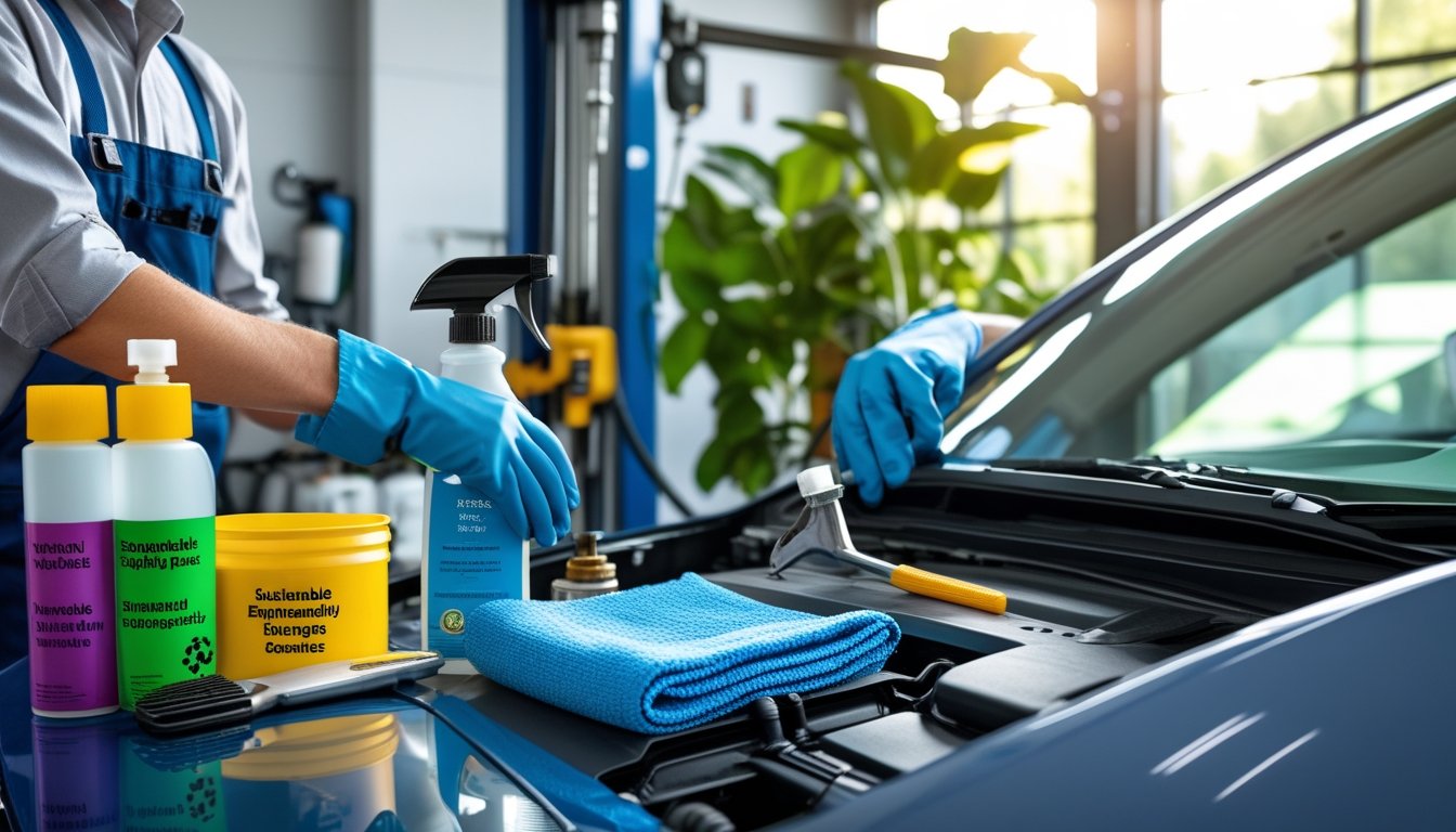 A mechanic working on an electric car in a clean garage with eco-friendly tools and plants in the background.