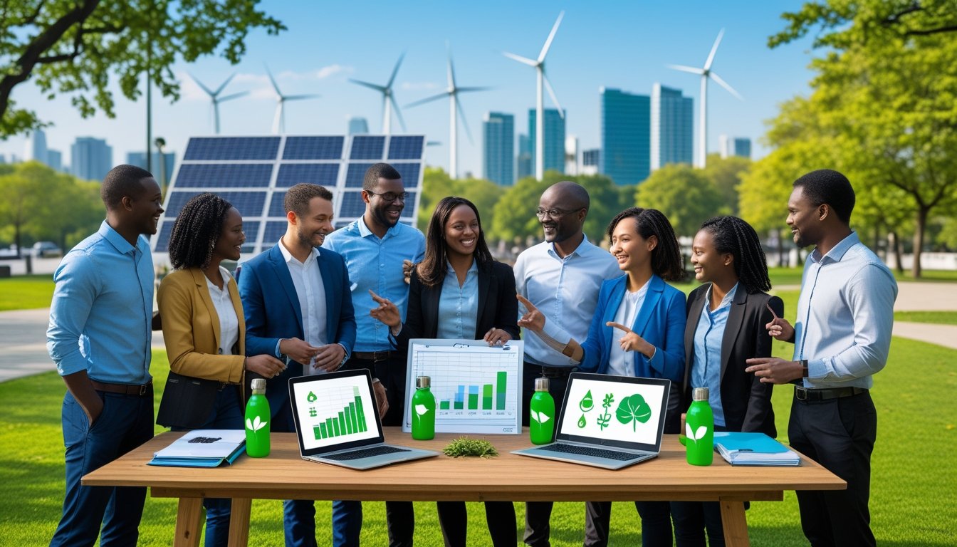 A group of people discussing environmental strategies outdoors in a green park with solar panels and wind turbines in the background.
